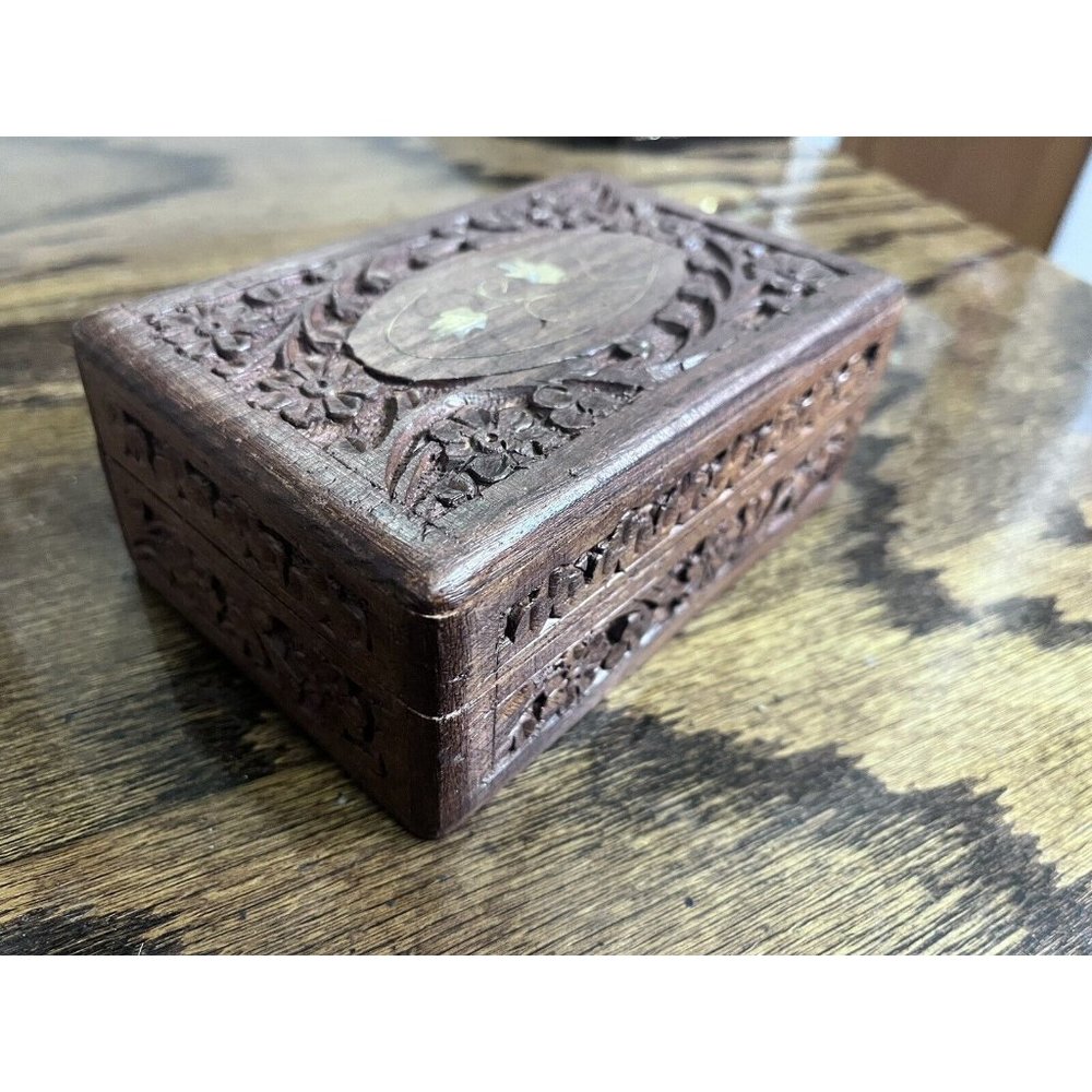 Vintage Hand-Carved Indian Wooden Jewerly  Box - 6" by 4"  Antique
